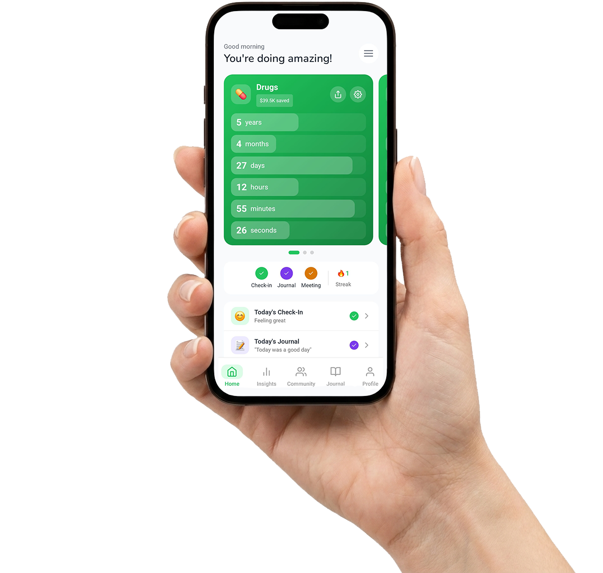 Hand holding phone with Sobrius app